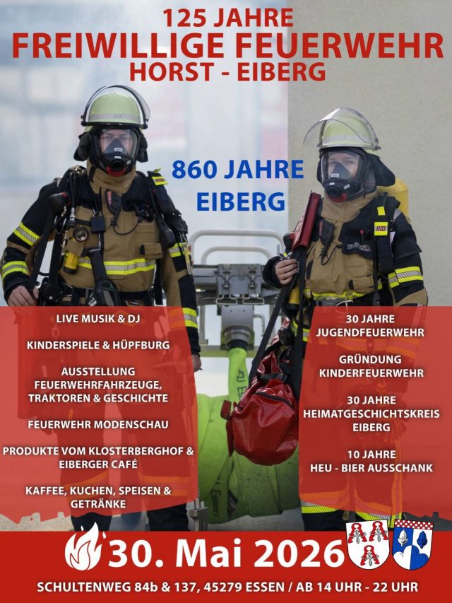 🚒🎉 125 Jahre FF Horst-Eiberg – wir feiern mit euch! 🎉🚒

Dieses Jahr ist etwas ganz Besonderes für uns:
🔥 125 Jahre Freiwillige Feuerwehr Horst-Eiberg
🔥 30 Jahre Jugendfeuerwehr
🔥 und die Gründung unserer Kinderfeuerwehr „Horst-Eiberger Funkenflitzer“

Das möchten wir natürlich gemeinsam mit euch feiern! ❤️

📅 30. Mai 2026
🕑 ab 14:00 Uhr
📍 Schultenweg 184b & 137, 45279 Essen

Freut euch auf einen entspannten Tag für die ganze Familie mit:
🎶 Live-Musik
🧸 Spielen für Kinder
🚒 Einblicken rund um die Feuerwehr
🍔 Essen & Getränke

Kommt vorbei, bringt Freunde und Familie mit und verbringt mit uns einen richtig schönen Tag! 🙌

Wir freuen uns auf euch! ❤️🔥

#125jahrejubiläum #feuerwehr #112 #jugendfeuerwehr #kinderfeuerwehr